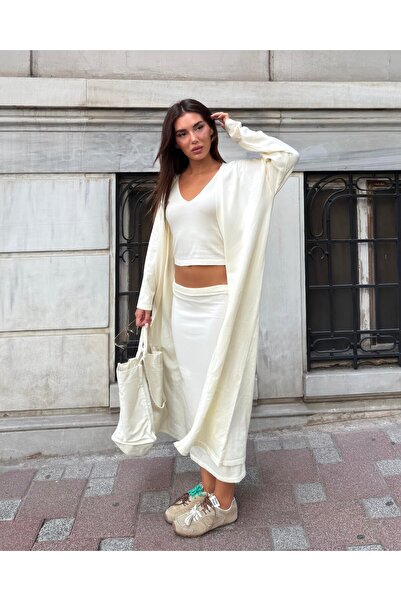femmes fraiches Exclusive Ekru V Yaka Bluz Etek Kimono Takım
