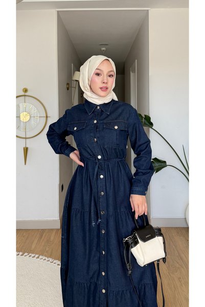 Colomer Women's Comfortable Denim Dress with Tie-Up Pockets and Sections