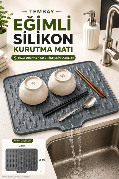 TEMBAY Eğimli Silikon Bulaşık Kurutma Matı 32x25 cm Hızlı Drenajlı Tezgah Üst...