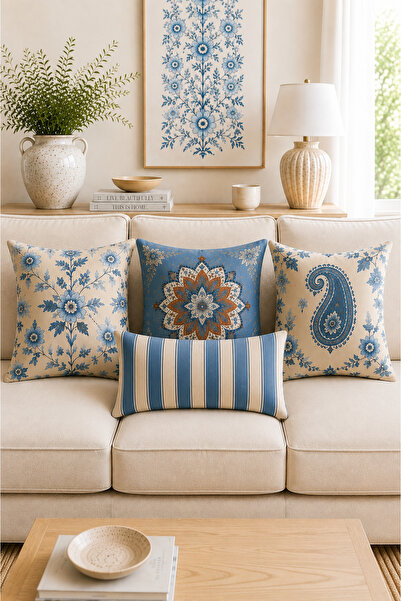 ayshome textile Ays Home Bohem Trend Mandala Şal Desen 4'Lü Kırlent Kılıfı Seti