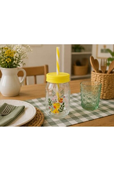 Herevin 370 Cc Kedi Desenli Pipetli Cam Bardak / BPA Free
