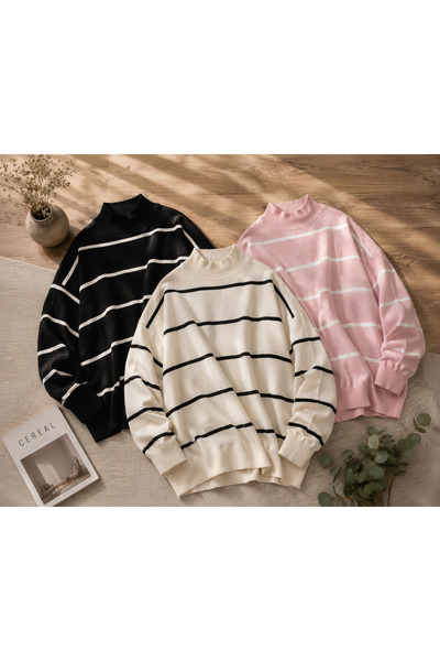 DepoExport Women's 3-Piece Striped Knitwear Sweater Oversize Loose Design