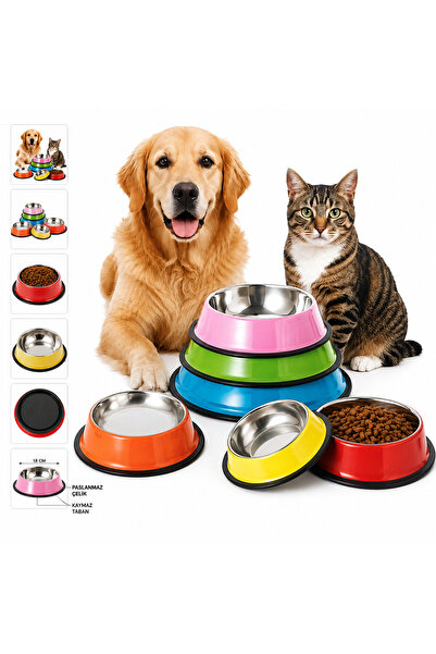 Hakdempet 18 Cm Parlak Renkli Paslanmaz Çelik Kedi ve Köpek Mama-Su Kabı