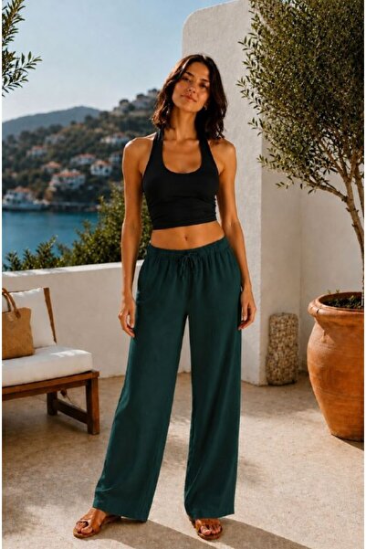 Maison La Femme Women's Linen Trousers with Elastic Waist and Loose Fit