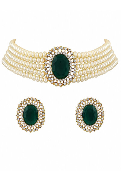 Generic Brand Women’s Pearl Necklace and Earrings Set, Elegant Green Stone Je...