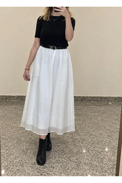 Quzu Beli Lastikli Midi Boy Etek Ekru