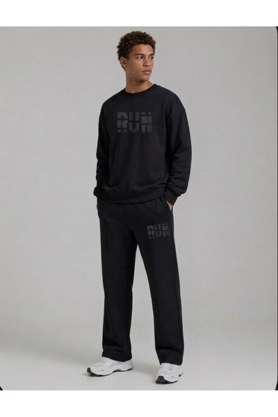 FUFLUNS Run Printed Men's Tube-Cut Crewneck Bottom/Upper Track Suit Set