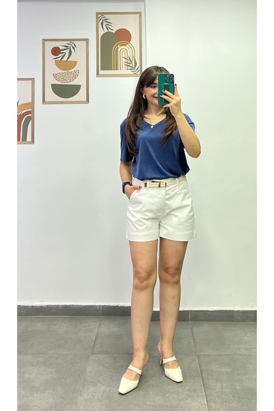 bydenizcollection Above-The-Knee Gabardine Shorts with Pocket and Belt Detail
