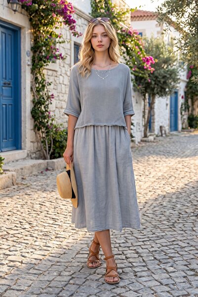 RMY MODA Gray Boat Neck Short Sleeve Double Layered Mesh Detailed Linen Loose...