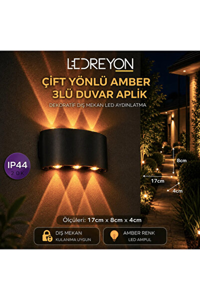 LEDREYON 220V Çift Yönlü 3'lü LED Duvar Apliği IP44 Amber Dış Mekan Aydınlatm...
