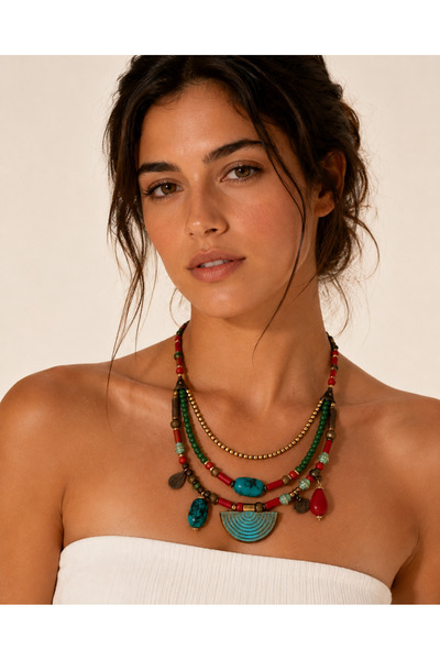 POYASE Ethnic Bohemian Multi-Row Colorful Stone and Beaded Women's Necklace Turquoise Red Green