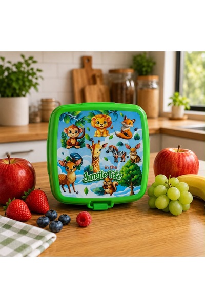 A&A Çocuk Beslenme Kutusu– 3 Bölmeli Lunch Box, Orman Hayvanları Desenli Yeşil
