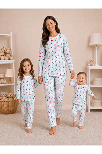Drop Kids Mother-Child Combination Long Pajama Set Striped Cherry Pattern