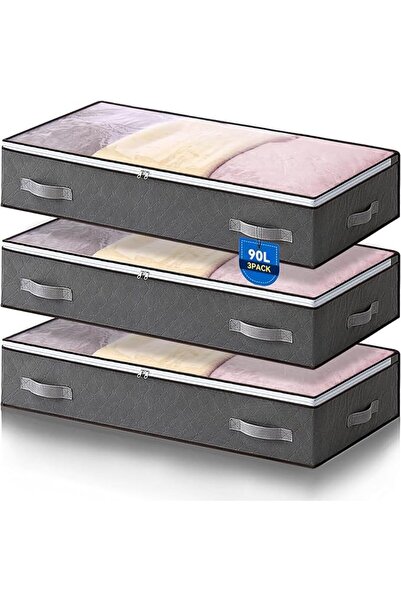 Yelajoy 3Pcs Gray 90L Underbed Storage Bags, Profile Underbed Clothes Storage...