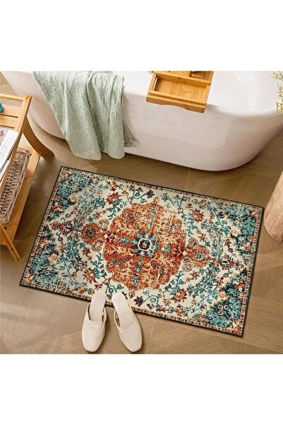 Generic Vintage Boho Area Rug, Machine Washable, Orange and Turquoise, Distre...
