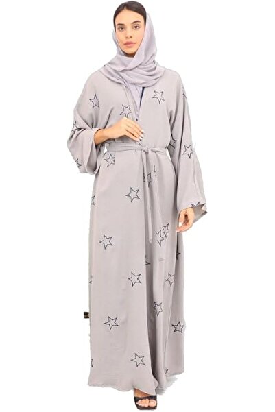 Generic Abaya Nujum – light grey abaya,& delicately embroidered with navy blu...