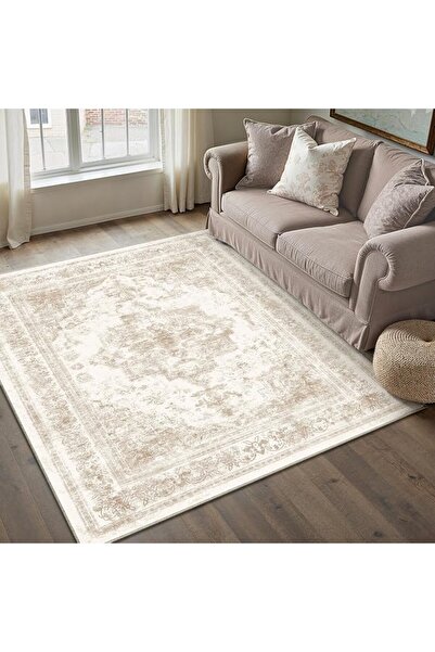 GENERAL PureCozy Vintage Round Carpet 120cm Beige Washble Anti Slip Circular ...