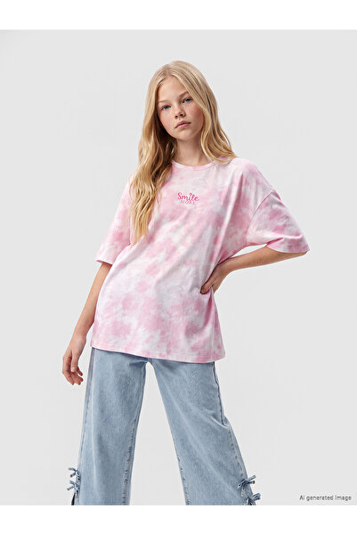 LC Waikiki Trendlucky Girls' T-Shirt with Oval Collar and Tie-Dye Pattern