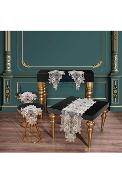 CB.B. TÜRK İŞİ HOME Çeyizlik Elegant Model Cream 5 Piece Lace Tablecloth Runn...