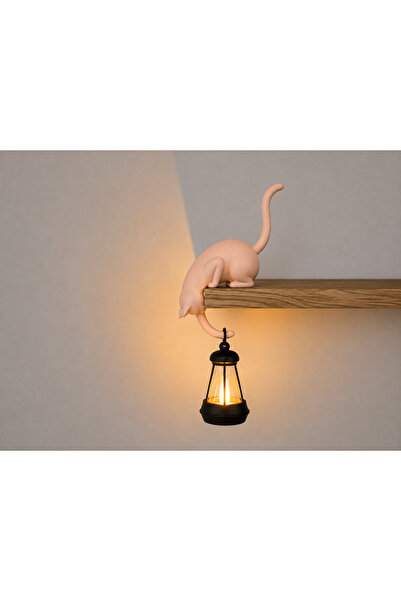 Decorius Askılı Kedi Raf Dekoru 24 cm - LED Fenerli Minimalist Salon & Balkon...