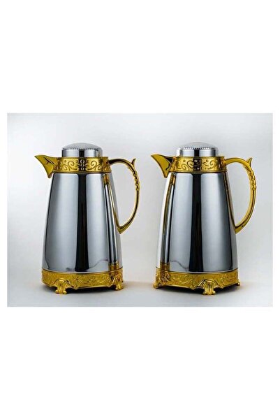 BASURRAH Luxury Tea and Coffee Thermos Set, 2 Pieces, Silver Gold Color, 1 Liter
