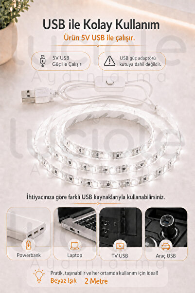 luciole 5V USB Şerit LED 2 Metre Beyaz Işık Anahtarlı Powerbank Uyumlu Dolap Altı TV Masa Led