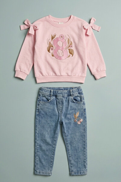 zumino Girls' Bowknot Floral Pattern Sweatshirt and Pants 2-Piece Set