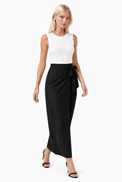 Asfaha Fashion Women's Black/Ecru Side Tie Long Skirt with Slit Detail
