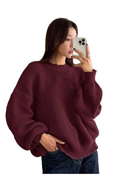 Dier Moda Women's Thessaloniki Knit Dark Burgundy Oversize Sweater, Women's S...