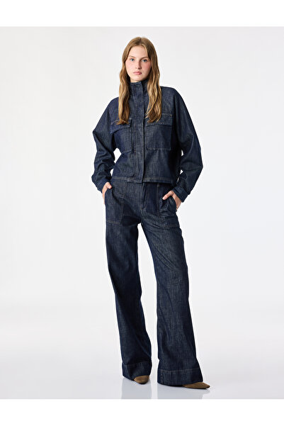 Koton Cotton Regular Waist Folded Wide Leg Denim Trousers with Pockets - Wide...