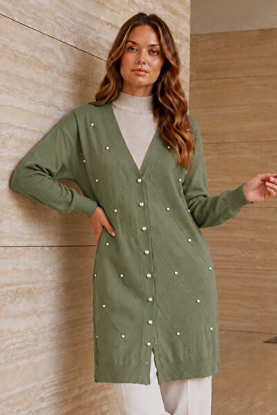 benguen Stoned Diamond Patterned Long Cardigan N3246 Çağla