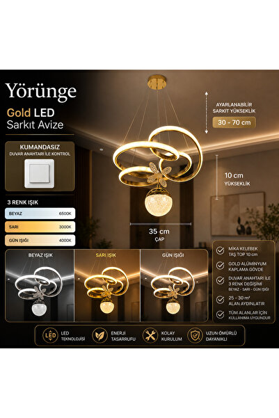 mubeda aydınlatma Yörünge Gold LED Sarkıt Avize - 3 Renk Aydınlatma (KUMANDASIZ)