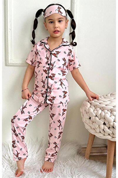 LUFFY KİDS Pink Patterned Cotton Front Buttoned Eyelet Short Sleeve Pajama Se...