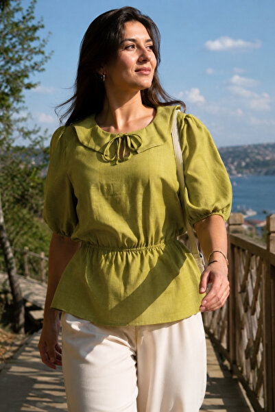 armonika Women's Pistachio Green Baby Collar Blouse with Elastic Waist and Sl...