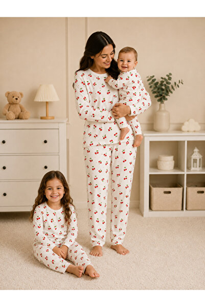 Drop Kids Mother-Child Combined Long Pajama Set with Cherry Pattern