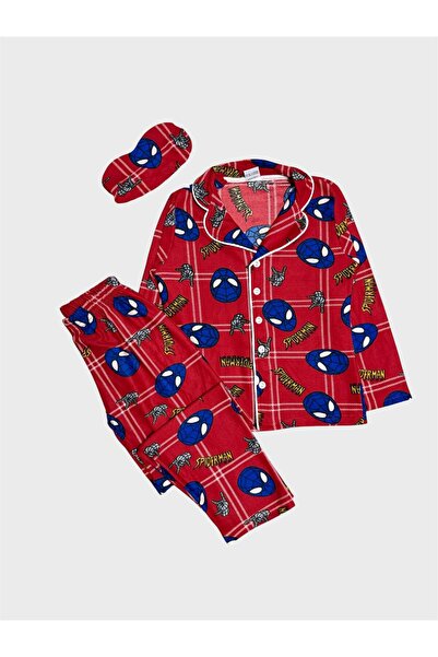 ALİŞ KİDS Boy's Cotton Suede Fabric Red Character Patterned Shirt Collar Butt...