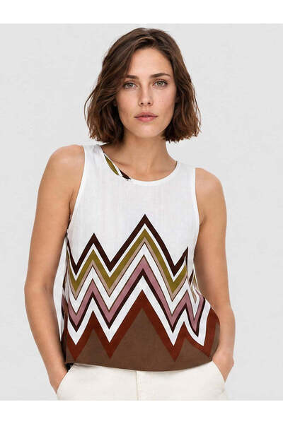 Unique Top damă cu imprimeu zigzag și decolteu rotund crem mix