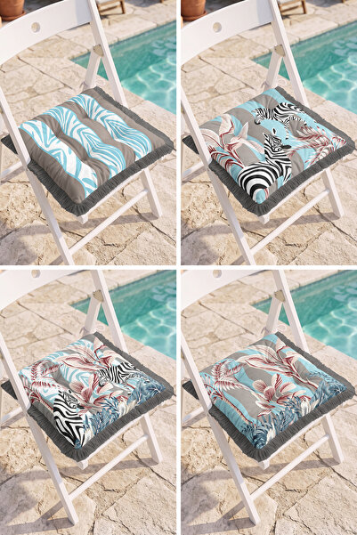 Realhomes Zebra Patterned Tropical Leaf Motif Modern 4-Piece Fringed Puffy Ch...