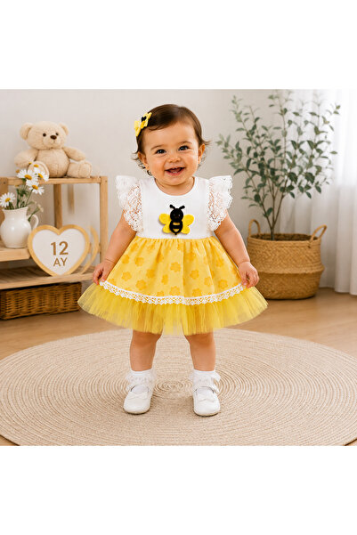 FEKRA BABY Kız Bebek Arı Desenli Sarı Tüllü Elbise 3-12 Ay