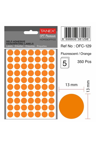 Tanex Round Self-Adhesive Labels, D13 Mm, 350 Pcs/Set, Tanex, Orange