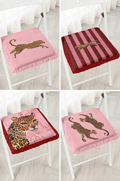 Realhomes Modern 4-Piece Fringed Zippered Chair Cushion Set with Leopard Figu...