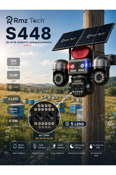 RMZTECH Avenir S448 12MP 4G Solar PTZ Güvenlik Kamerası 18X Optik Zoom 5 Lens...