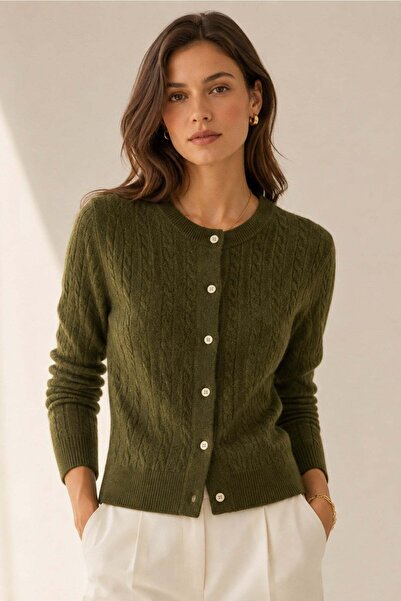 Ferraro Khaki Cotton Blend Seasonal Women's Knitwear Cardigan