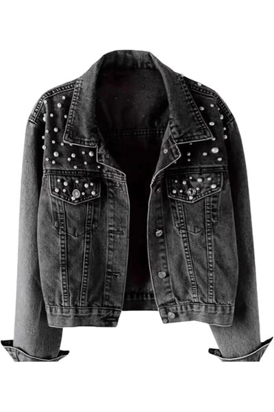 Generic Womens Oversized Jean Jacket Embroidered Pearl Denim Jacket Coat | Ov...