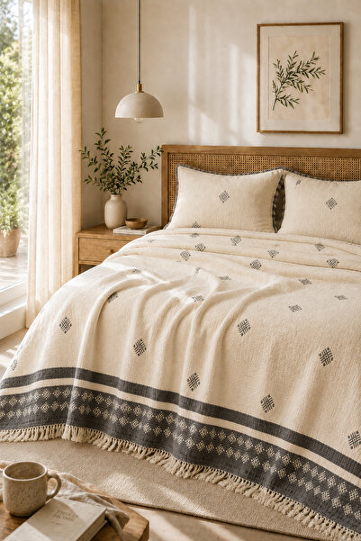 VERONİCA LİNE Muslin Filled Bohemian Bedspread 240X260 Double Size with Tasse...