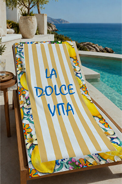Evmila Yellow Striped La Dolce Vita Lemon Patterned 70X150 Beach Towel - Cott...