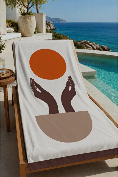 Evmila White Orange Sun and Hand Figured Minimal Patterned 70X150 Beach Towel...