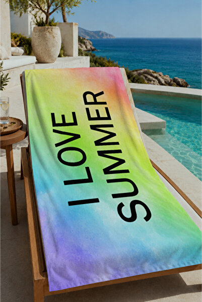 Evmila Pastel Batik I Love Summer Written 70X150 Beach Towel - Digital Printe...