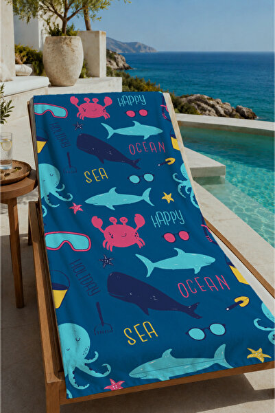 Evmila Navy Blue Ocean Creatures Patterned 70X150 Beach Towel - Cotton Bath T...