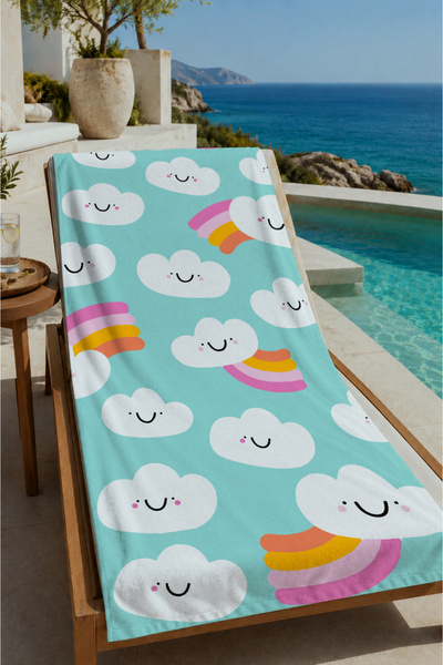 Evmila Tirkizni oblak i dugin uzorak, peškir za plažu 70x150 - digitalno štam...